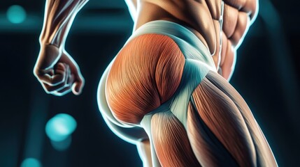 Detailed anatomical rendering of human gluteal and hamstring muscles.  A study in form and function, showcasing the intricate network of muscle fibers.