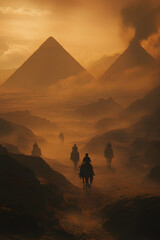 Fototapeta premium Sunset Caravan: Riders Across the Ancient Sands