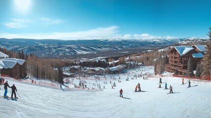 panoramic view of a busy ski resort with families and friends skiing and snowboarding down the slopes