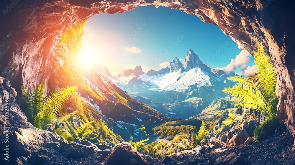 Poster the perspective from within a cave reveals a stunning high-definition view of a mountain range.