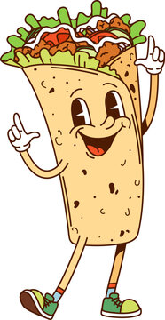 Naklejki Cartoon Mexican burrito groovy fast food character gesturing to funky retro beat. Isolated vector shawarma comic fastfood personage, tasty meal with a vintage nostalgic 60s or 70s vibes and sneakers