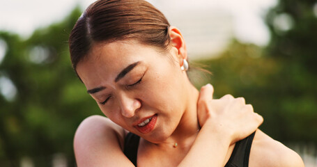 Outdoor, woman and exercise with neck pain from workout strain with muscle ache and injury in...