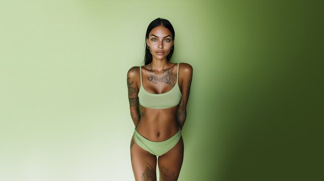 Portrait of a sexy girl against a soft green background wearing a matching lingerie. Her tattoos are prominently displayed, highlighting her unique style and confidence in fashion.
