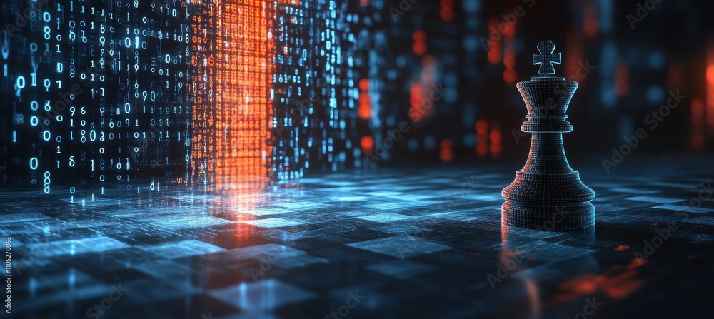 Poster digital chessboard strategic intelligence in digital world with binary data background