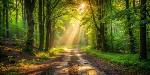 Naklejka premium Sunbeams Illuminate a Serene Forest Path at Dawn