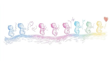 Adorable illustration of diverse babies sitting on a rainbow-colored hill, symbolizing diversity and unity. A heartwarming image.