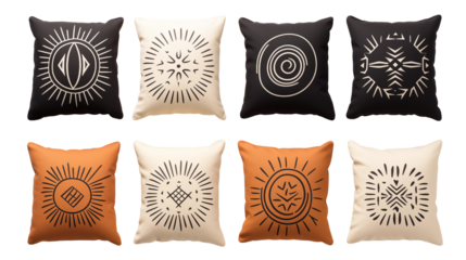 Bright and cozy, this set of southwestern print pillows will bring warmth and personality to your living room or bedroom, isolated on transparent background.