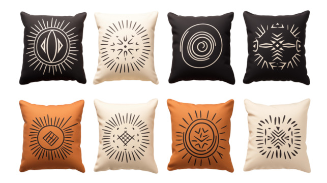 Bright and cozy, this set of southwestern print pillows will bring warmth and personality to your living room or bedroom, isolated on transparent background.