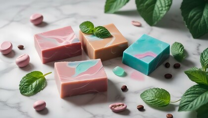 Barras de jabón hechas a mano variadas en varios colores y formas, incluidos marrón, rosa y blanco, con granos de café y otros ingredientes naturales visibles