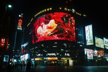 Vibrant Nightlife Scene of Neon Advertisements in Urban Cityscape Featuring Large LED Screen Displaying Colorful Art in a Bustling Commercial District