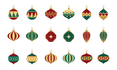 festive christmas ornaments. red green gold vintage christmas balls vector set illustration art retro christmas tree decoration decorative sticker golden luxury merry christmas xmas fun carnival theme