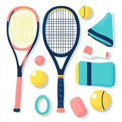 Tennis Equipment Illustration Colorful Rackets Balls Towels