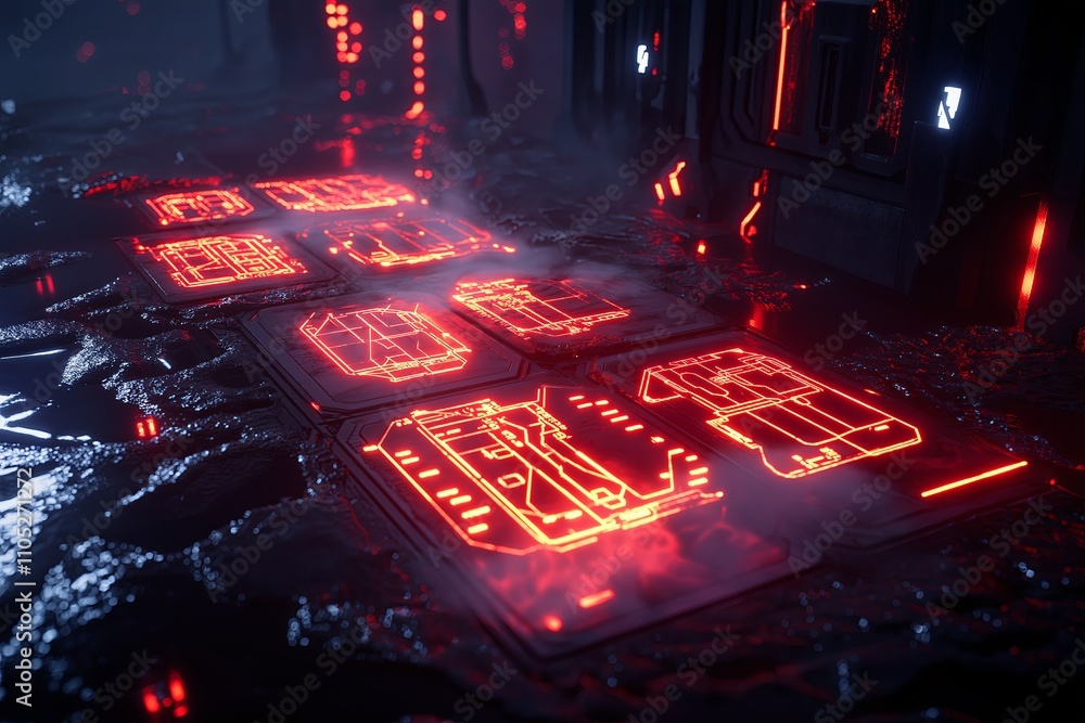 Poster a sci-fi inspired digital landscape with glowing circuits and holographic grids