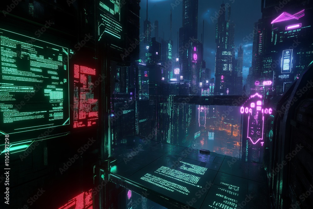 Poster a sci-fi inspired digital landscape with glowing circuits and holographic grids