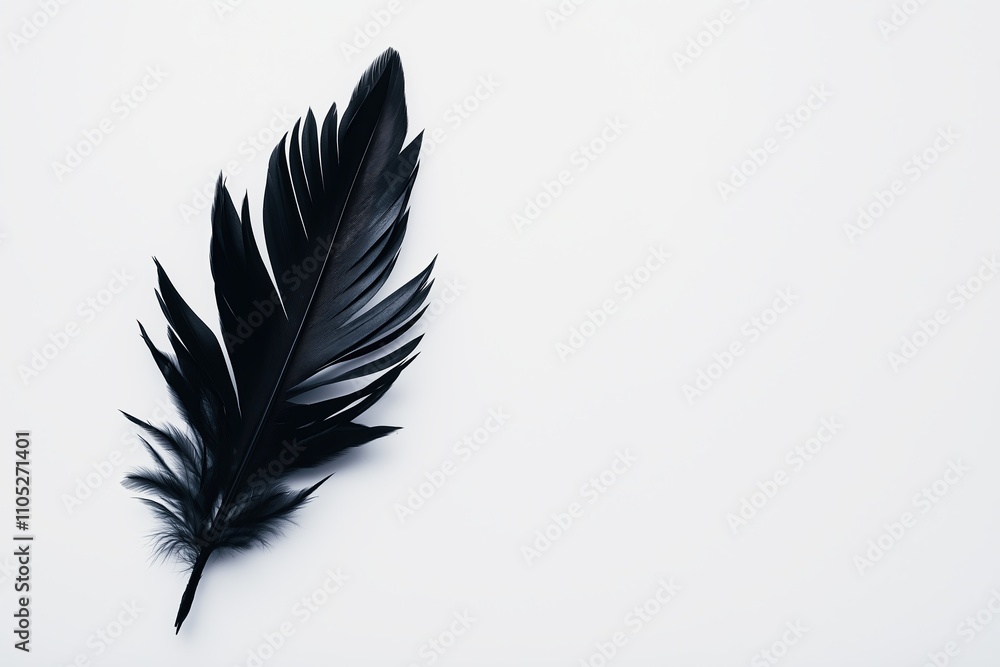 Poster a plain white background with a single black feather resting in the center, symbolizing elegance