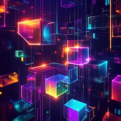 Abstract illustration features glowing geometric shapes in vibrant neon colors. Colorful cubes, structures float in dark cyberspace. Dynamic lines, lights create sense of technology, innovation.