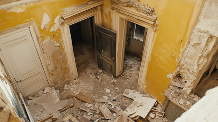 Casa dañada con escombros tras derrumbe parcial en entorno rural