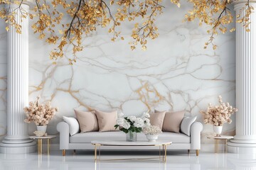 A modern, minimalist marble texture in white and soft gray with subtle gold veining