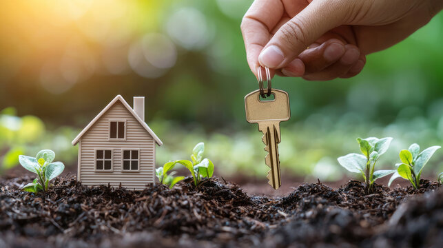Close up of hand holding house key with model home