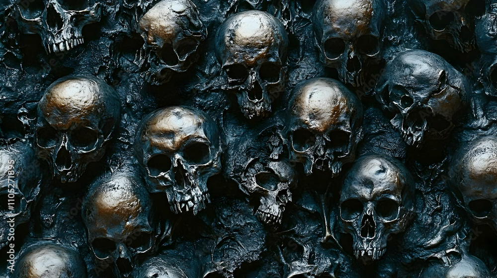 Poster 3d render of numerous metallic skulls embedded in dark, rough texture