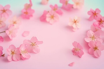 Fototapeta premium Pastel pink background delicate pink cherry blossoms. Spring blooms arranged in planar composition. Dreamy, romantic image suitable for various springtime themes. Perfect for fashion print, greeting