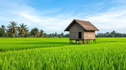 Fototapeta premium A rustic wooden house stands amid lush green rice fields under a clear blue sky, surrounded by palm trees in a tranquil rural setting.