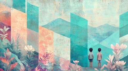 Dreamlike landscape with plant life and two children standing before geometric structures
