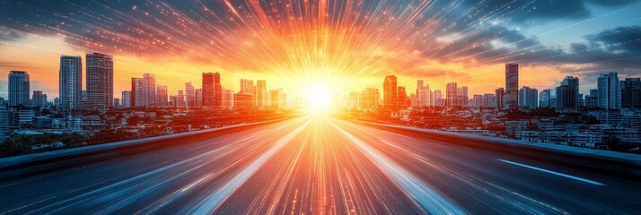 Urban Highway with Light Trails and Sunset, Symbolizing Fast Digital Data Transfer and Network Speed