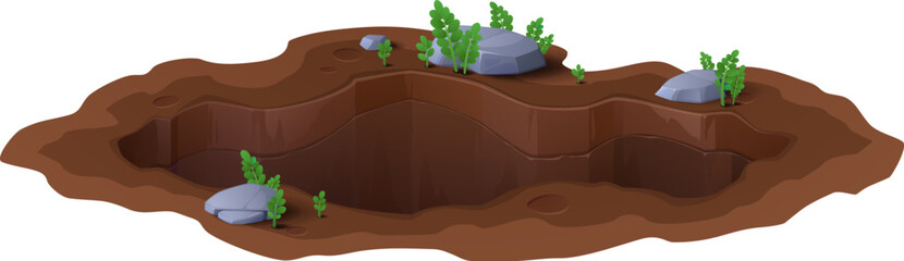 Cartoon deep dirty pit and burrow, ground hole with scattered rocks and small green plants, providing natural landscape. Isolated vector muddy crevice. Environmental natural gap, excavations or cavity