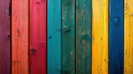 Fototapeta premium Colorful wooden background with textured vertical planks in vibrant hues
