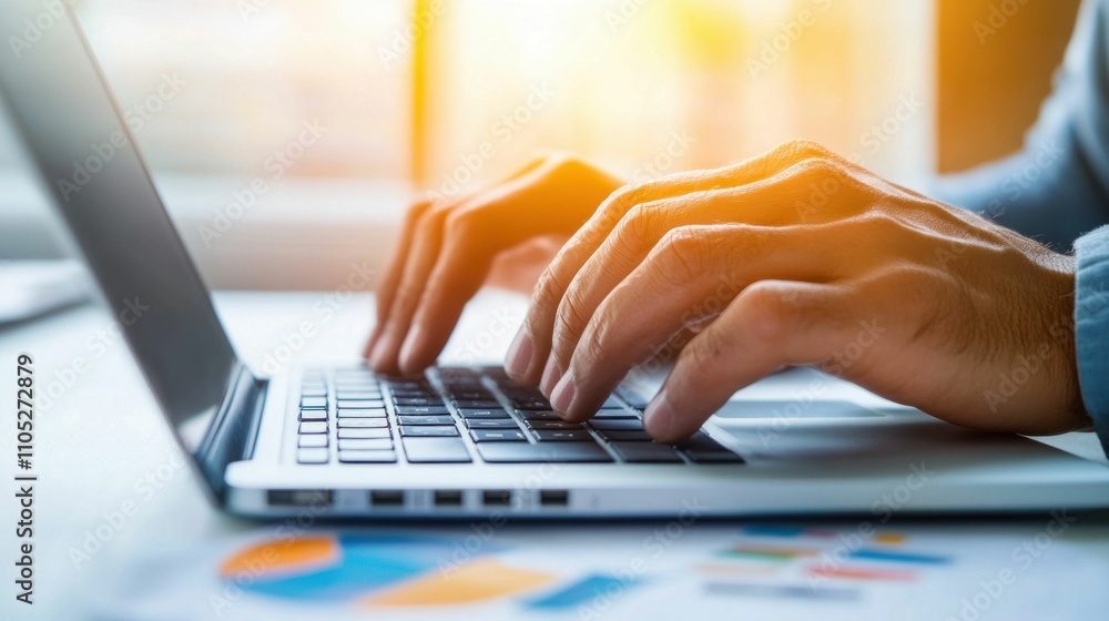 Poster hands typing on laptop with business graphs in background