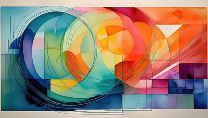 Obraz premium Watercolor paint applied in bold, geometric shapes (like circles, triangles, or squares) with soft edges and varied color blends.