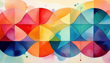 Fototapeta premium Watercolor paint applied in bold, geometric shapes (like circles, triangles, or squares) with soft edges and varied color blends.