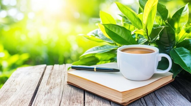 Coffee Book Pen Nature Peaceful Morning Scene