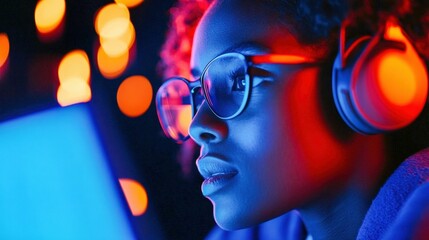 Focused African American Woman Gaming with Neon Glow
