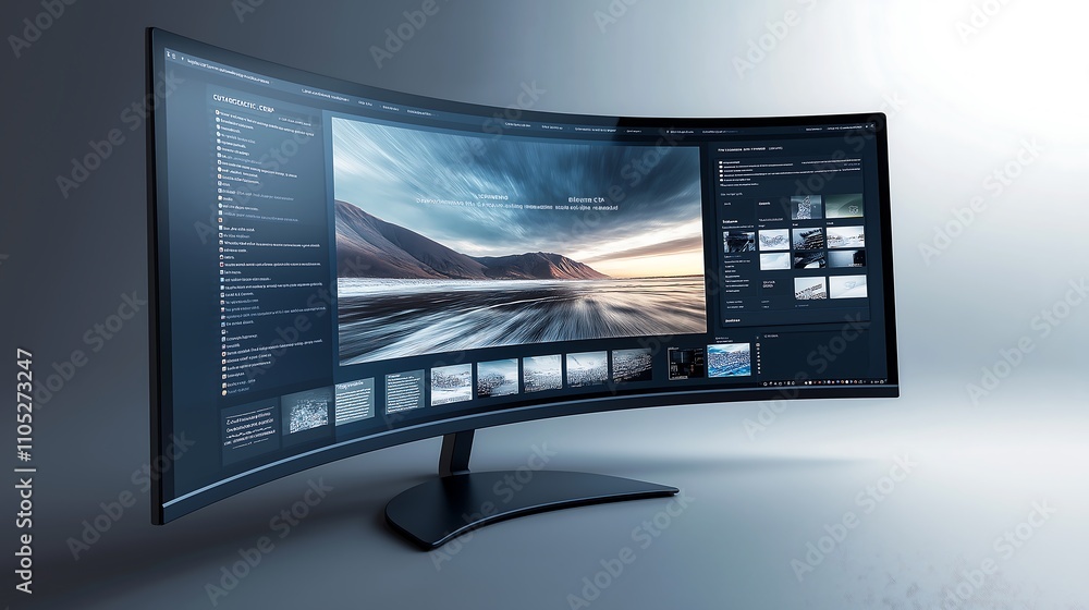 Poster fwebsite design in progress on a curved monitor, sleek user interface elements, cutting-edge web dev