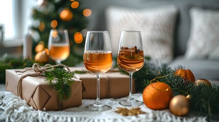 Festive mulled wine with oranges and cinnamon in glasses, Christmas presents and tree in background.