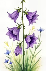 Pretty watercolor painting of harebell flowers. Purple bell-shaped blooms stand tall on green stalks. Small blue flowers complement scene. Wildflower nature artwork. Floral design, delicate flower