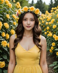 portrait of a beautiful female model, wearing a flower crown, wearing a yellow dress, in the flower garden