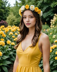 portrait of a beautiful female model, wearing a flower crown, wearing a yellow dress, in the flower garden