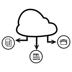 A set of vector icons representing Cloud Technology and Cloud Computing concepts. The design features a cloud symbol integrated with various technology elements, such as network connections