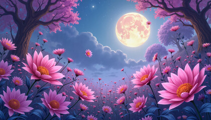 Dreamy pink flowers under full moon in enchanted landscape
