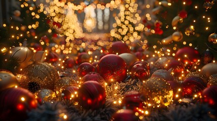 Festive red and gold Christmas ornaments and lights.