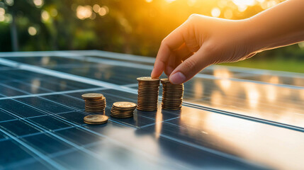 Hand stacking coins on solar panel in sunlight