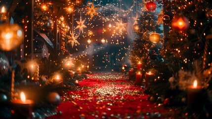 Festive red carpet pathway with Christmas lights and candles.