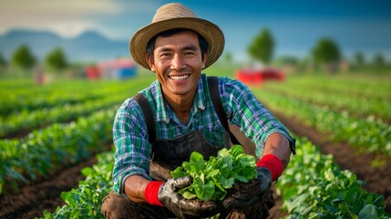 Joyful Farmer Tending Fresh Green Rows of Vegetables in Sunny Fields, Capturing the Essence of Hard Work and Harvest Season in Rural Life