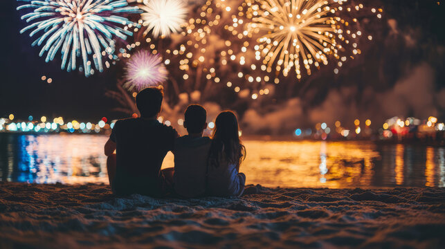 Family watching fireworks at the beach on a warm summer night