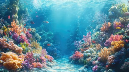 A coral reef filled with fish and marine life, showing underwater beauty