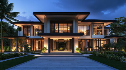 Fototapeta premium Modern Asian style villa with spacious glass facade at twilight