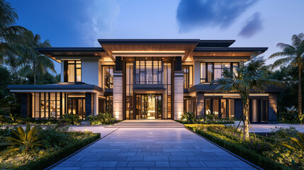 Modern Asian style villa with elegant architectural design at dusk